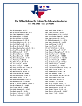 The TSAPAC Is Proud to Endorse the Following Candidates for the 2020 Texas Election!