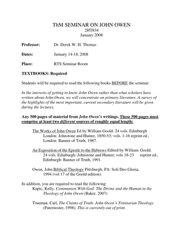 Thm SEMINAR on JOHN OWEN 2HT834 January 2008