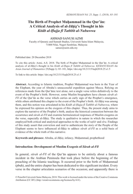 The Birth of Prophet Muḥammad in the Qur'ān: a Critical Analysis of Al-Jāḥiẓ's Thought in His Kitāb Al-Ḥujja F