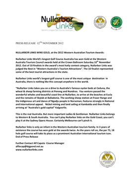 Press Release 12Th November 2012 Nullarbor Links Wins