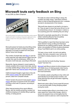 Microsoft Touts Early Feedback on Bing 14 July 2009, by Glenn Chapman