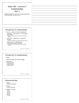 Chem 452 - Lecture 7 Carbohydrates Part 1