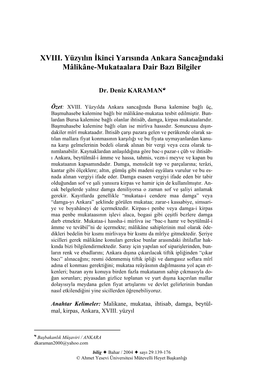 XVIII. Yüzyılın İkinci Yarısında Ankara Sancağındaki Mâlikâne-Mukataalara Dair Bazı Bilgiler