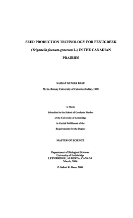 (Trigonellafoenum-Graecum L.) in the CANADIAN PRAIRIES