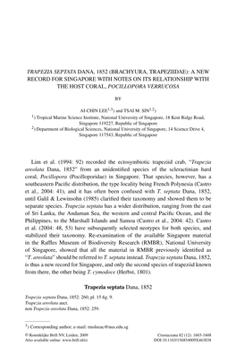 Trapezia Septata Dana, 1852 (Brachyura, Trapeziidae): a New Record for Singapore with Notes on Its Relationship with the Host Coral, Pocillopora Verrucosa