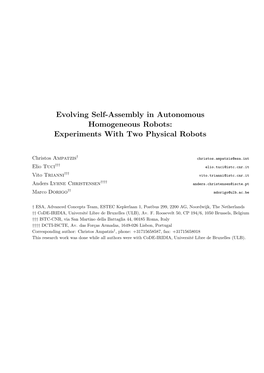 Evolving Self-Assembly in Autonomous Homogeneous Robots: Experiments with Two Physical Robots