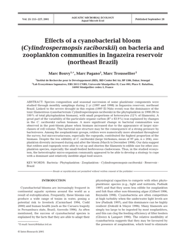 Effects of a Cyanobacterial Bloom (Cylindrospermopsis Raciborskii) on Bacteria and Zooplankton Communities in Ingazeira Reservoir (Northeast Brazil)