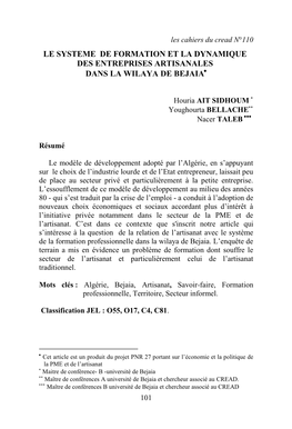 Les Cahiers Du Cread N°110 LE SYSTEME DE FORMATION ET LA DYNAMIQUE DES ENTREPRISES ARTISANALES DANS LA WILAYA DE BEJAIA