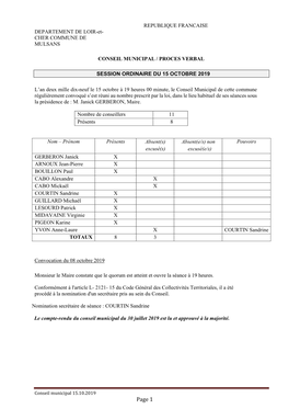 Conseil Municipal Du 15 Octobre 2019