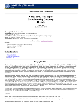 Carey Bros. Wall Paper Manufacturing Company Records