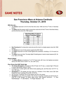 San Francisco 49Ers at Arizona Cardinals Thursday, October 31, 2019