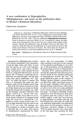 A New Combination in Stigmaphyllon (Malpighiaceae), and Notes on the Publication Dates of Hooker's Botanical Miscellany