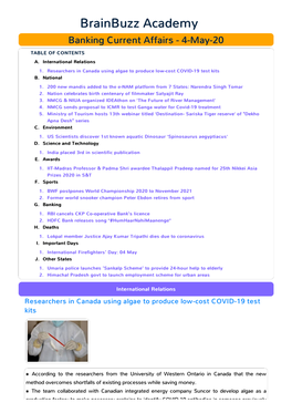Banking Current Affairs - 4-May-20 TABLE of CONTENTS A