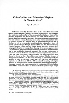 Colonization and Municipal Reform in Canada East*