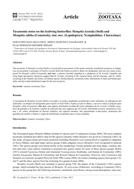 Taxonomic Notes on the Leafwing Butterflies Memphis Leonida (Stoll) and Memphis Editha (Comstock), Stat