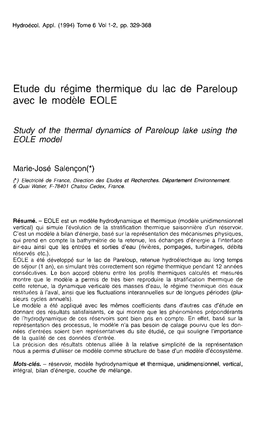 Etude Du Régime Thermique Du Lac De Pareloup Avec Le Modèle EOLE