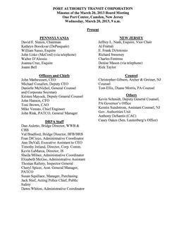 PORT AUTHORITY TRANSIT CORPORATION Minutes of the March 20, 2013 Board Meeting One Port Center, Camden, New Jersey Wednesday, March 20,2013,9 A.M