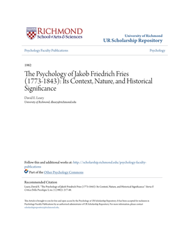 The Psychology of Jakob Friedrich Fries ( 1773-1843): Its Context, Natijre, and Historical Significance