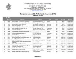 HMO Companies Licensed to Write Health Insurance (578)