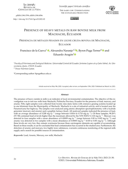 Presence of Heavy Metals in Raw Bovine Milk from Machachi,Ecuador