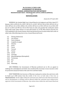 No. B.11011/1/2021-GAD GOVERNMENT of MIZORAM GENERAL ADMINISTRATION DEPARTMENT MIZORAM SECRETARIAT : MIZORAM NEW CAPITAL COMPLEX (MINECO) *** NOTIFICATION