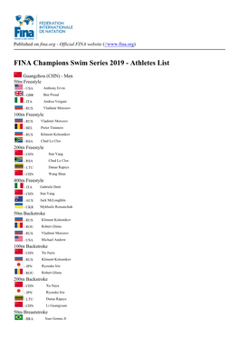 FINA Champions Swim Series 2019 - Athletes List