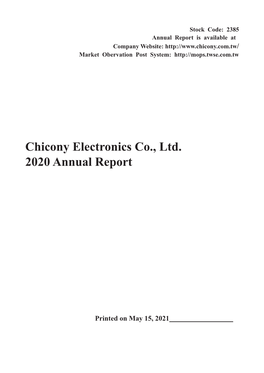 Chicony Electronics Co., Ltd. 2020 Annual Report