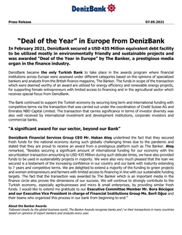 “Deal of the Year” in Europe from Denizbank