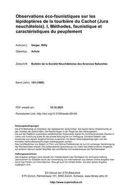 (Jura Neuchâtelois). I, Méthodes, Faunistique Et Caractéristiques Du Peuplement