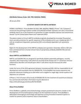 ASX/Media Release (Code: ASX: PRR; NASDAQ: PBMD)