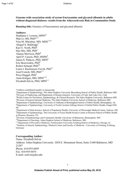 Genome-Wide Association Study of Serum Fructosamine and Glycated Albumin in Adults Without Diagnosed Diabetes: Results From