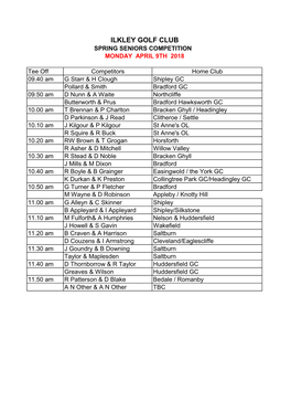Ilkley Golf Club Spring Seniors Competition Monday April 9Th 2018
