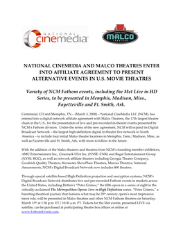 National Cinemedia and Malco Theatres Enter Into Affiliate Agreement to Present Alternative Events in U.S