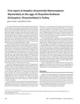 First Report of Anaphes Chrysomelae (Hymenoptera: Mymaridae) on the Eggs of Chrysolina Herbacea (Coleoptera: Chrysomelidae) in Turkey S¸ Ener Tarla* and Gülcan Tarla