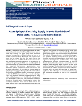 Acute Epileptic Electricity Supply in Isoko North LGA of Delta State, Its Causes and Remediation