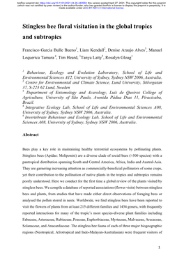 Stingless Bee Floral Visitation in the Global Tropics and Subtropics