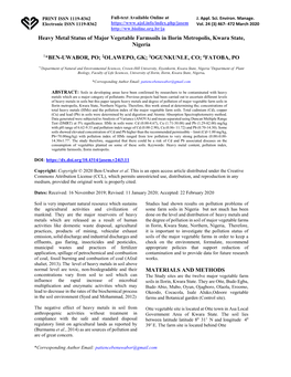 Heavy Metal Status of Major Vegetable Farmsoils in Ilorin Metropolis, Kwara State, Nigeria