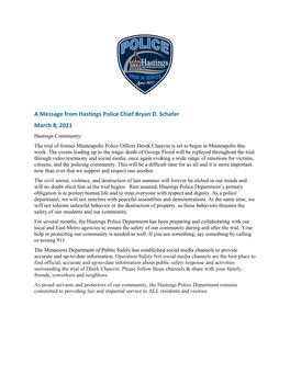 A Message from Hastings Police Chief Bryan D