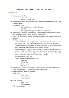 Important Clinical Signs and Tests