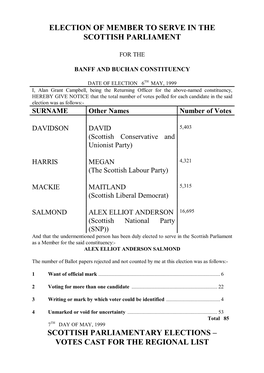 Election of Member to Serve in the Scottish Parliament