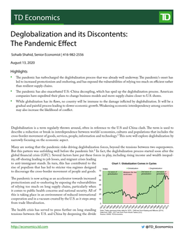 TD Economics Deglobalization and Its Discontents: the Pandemic Effect