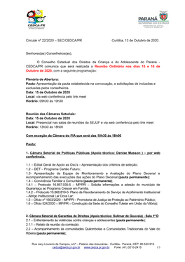 Circular Nº 22/2020 – SEC/CEDCA/PR Curitiba, 13 De Outubro De 2020