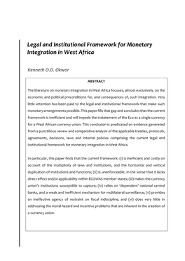 Legal and Institutional Framework for Monetary Integration in West Africa