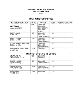 Ministry of Home Affairs Telephone List ********