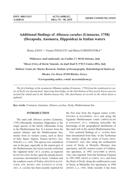 Additional Findings of Albunea Carabus (Linnaeus, 1758) (Decapoda, Anomura, Hippoidea) in Italian Waters