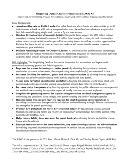 Simplifying Outdoor Access for Recreation (SOAR) Act Improving the Permitting Process for Outfitters, Guides and Other Outdoor Leaders on Public Lands