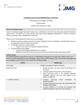 Certificate Document Modification Overview Globehopper Senior Single-Trip (GHSS) Product Review Effective Date: October 21, 2020