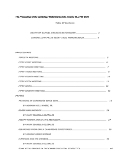 The Proceedings of the Cambridge Historical Society, Volume 15, 1919-1920