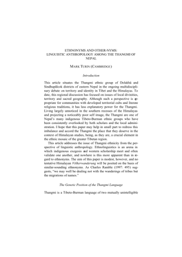 Ethnonyms and Other-Nyms: Linguistic Anthropology Among the Thangmi of Nepal