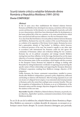 Scurtă Istorie Critică a Relaţiilor Bilaterale Dintre România Şi Republica Moldova (1991-2016) Dorin CIMPOEŞU